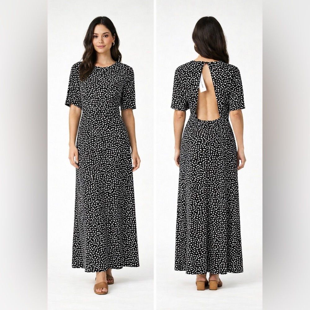 TopShop Dress Black White 6 Small Flowy Maxi Short Sleeve NWT